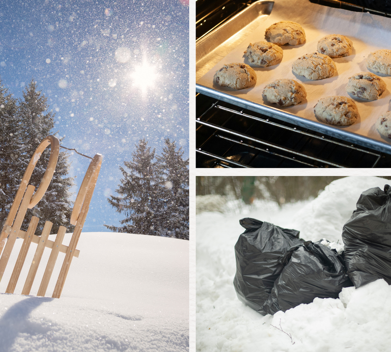 Winterliche Collage mit Schlitten im Schnee bei Sonnenlicht, frisch gebackenen Cookies im Ofen und schwarzen Müllsäcken im Freien. | © Canva/Collage:bildderfrau.de