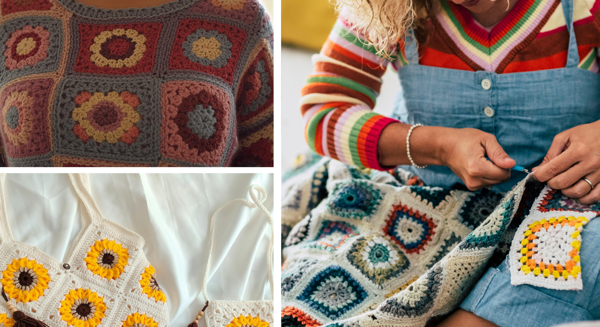 Collage aus gehäkeltem Pullover mit Patchwork-Mustern, bunter Decke in Arbeit und cremefarbenen Taschen mit Sonnenblumenmotiven.