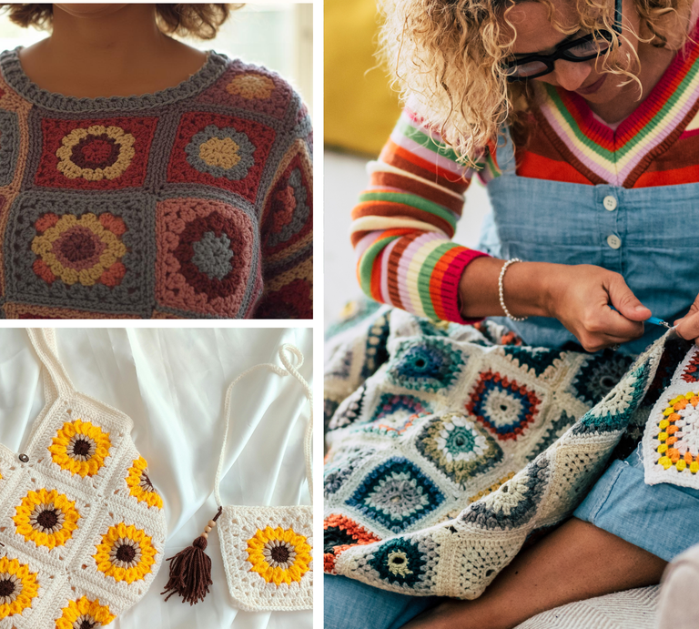 Collage aus gehäkeltem Pullover mit Patchwork-Mustern, bunter Decke in Arbeit und cremefarbenen Taschen mit Sonnenblumenmotiven. | © Canva / AI [M]