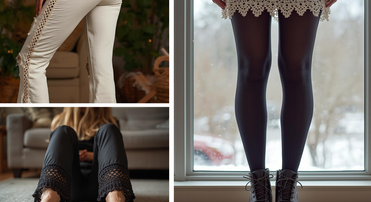 Collage aus modischen Details: gehäkelter Spitzenbesatz an weißer Jeans, schwarzer Hose und Jeansrock, jeweils kombiniert mit modernen Accessoires und stimmungsvollen Hintergründen.
