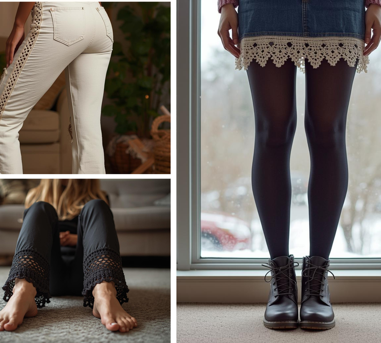 Collage aus modischen Details: gehäkelter Spitzenbesatz an weißer Jeans, schwarzer Hose und Jeansrock, jeweils kombiniert mit modernen Accessoires und stimmungsvollen Hintergründen. | © Canva / KI [M]