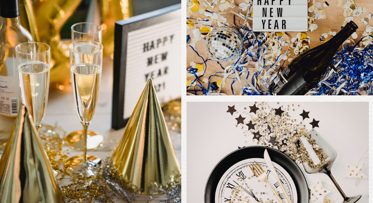 Tischdeko basteln: Glitzernde Silvesterdeko mit Sekt, Partyhüten, Konfetti und einem dekorierten Uhrenteller kurz vor Mitternacht.