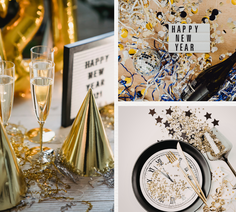 Tischdeko basteln: Glitzernde Silvesterdeko mit Sekt, Partyhüten, Konfetti und einem dekorierten Uhrenteller kurz vor Mitternacht. | © Canva/Collage:bildderfrau.de