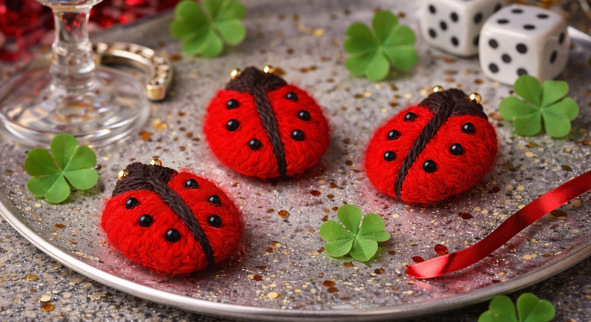Rote Marienkäfer aus Wolle auf glitzernder Platte, mit Kleeblättern, einem Hufeisen, Würfeln und rotem Geschenkband verziert.