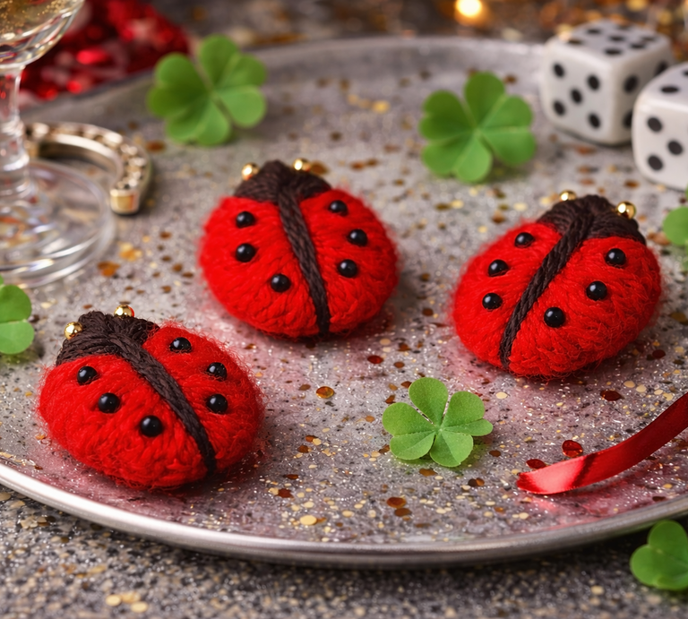 Rote Marienkäfer aus Wolle auf glitzernder Platte, mit Kleeblättern, einem Hufeisen, Würfeln und rotem Geschenkband verziert. | © Canva / ChatGPT [M]