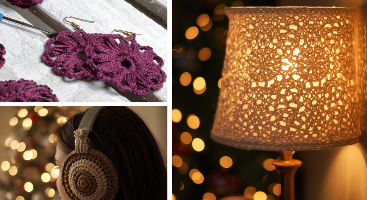 Eine Collage aus drei handgefertigten Designs: gehäkelte Blumenohrringe, eine leuchtende Häkellampe und gehäkelte Ohrwärmer vor einem weihnachtlichen Lichterhintergrund.