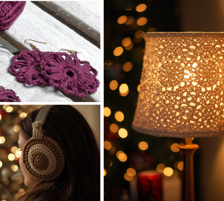 Eine Collage aus drei handgefertigten Designs: gehäkelte Blumenohrringe, eine leuchtende Häkellampe und gehäkelte Ohrwärmer vor einem weihnachtlichen Lichterhintergrund. | © Canva / AI [M]
