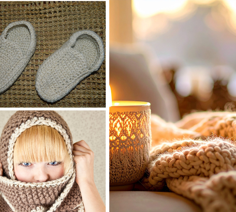 Collage mit Strickpantoffeln, flauschiger Decke bei Kerzenschein und junger Frau mit blondem Pony in dicker Kapuze. | © Canva [M]
