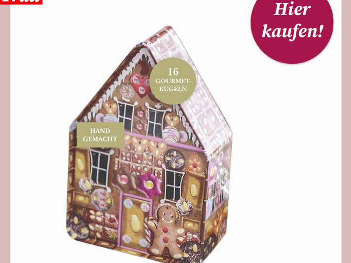 Bunte Blechdose in Form eines Lebkuchenhauses mit Zuckerdekor, Aufschrift „Handgemacht“ und „16 Gourmet-Kugeln“ | © Canva/Lauenstein Confiserie/Collage:bildderfrau.de