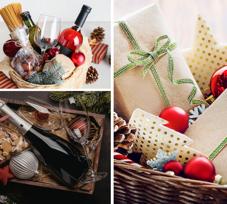Drei weihnachtlich dekorierte Geschenkkörbe mit Wein, Gläsern, Gebäck, Tannenzweigen und roten Kugeln in Nahaufnahme. | © Canva/Collage:bildderfrau.de