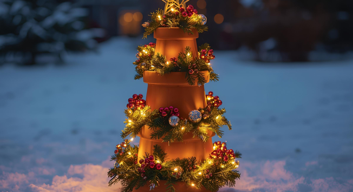 Aus Terracotta Töpfen gestapelte Weihnachtsdeko mit Lichterkette, Tannenzweigen und Stern im verschneiten Garten bei Dämmerung.