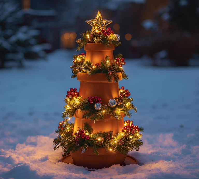 Aus Terracotta Töpfen gestapelte Weihnachtsdeko mit Lichterkette, Tannenzweigen und Stern im verschneiten Garten bei Dämmerung. | © Canva/Magic Media/ KI-generiert 