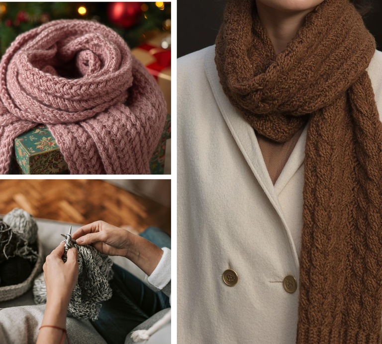 Rosa Schal auf Geschenk vor Baum, Frau mit braunem Strickschal im Mantel, daneben Hände beim Stricken grauer Wolle auf dem Sofa. | © Canva / KI [M]