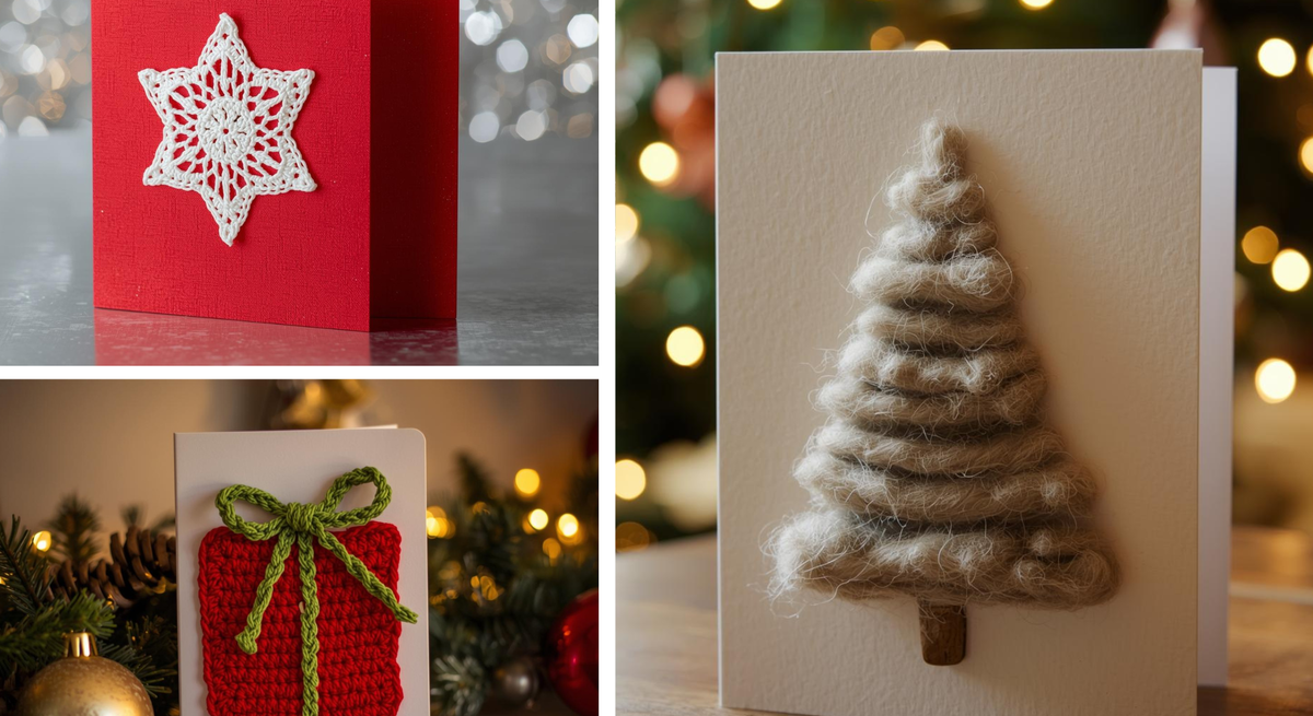 Drei handgemachte Weihnachtskarten mit gehäkelten Motiven: Schneeflocke, Geschenkpaket und Tannenbaum aus Wolle.