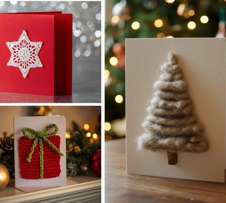 Drei handgemachte Weihnachtskarten mit gehäkelten Motiven: Schneeflocke, Geschenkpaket und Tannenbaum aus Wolle. | © Canva / KI [M]