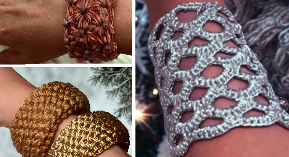Drei gehäkelte Armbänder an Frauenarmen: ein silbernes mit Lochmuster, ein kupferfarbenes mit Perlen und zwei goldene mit Struktur.