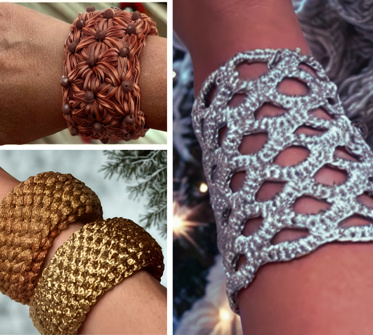 Drei gehäkelte Armbänder an Frauenarmen: ein silbernes mit Lochmuster, ein kupferfarbenes mit Perlen und zwei goldene mit Struktur. | © Canva, ChatGPT [M]