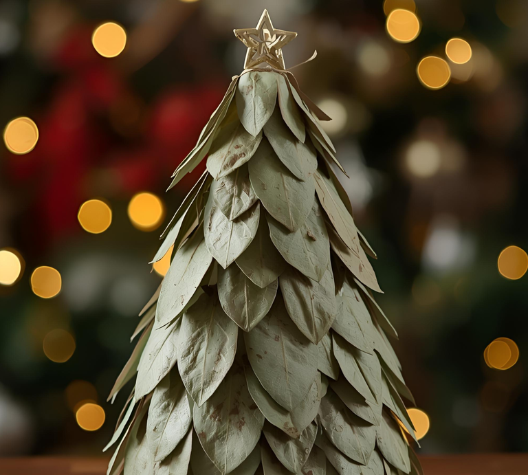 Kleiner Weihnachtsbaum aus getrockneten Lorbeerblättern mit goldener Sternspitze vor unscharfem Lichterhintergrund. | © Canva/Magic Media/KI generiertes Bild/bildderfrau.de