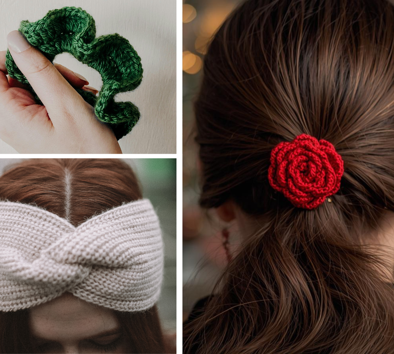 Eine Hand hält ein grünes, gehäkeltes Haargummi, daneben ein rotes Häkelrosen-Haarband in braunem Haar und ein cremefarbenes Stirnband. | © Canva, ChatGPT [M]