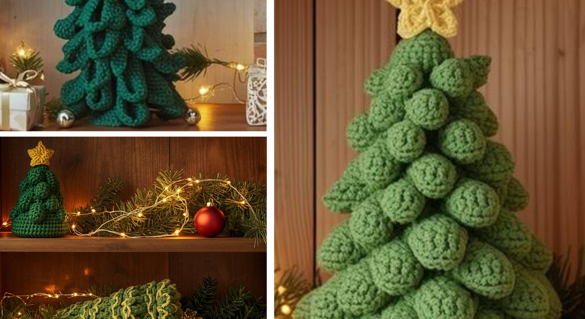 Vier unterschiedlich gehäkelte Weihnachtsbäume mit Sternen und Lichterketten stehen festlich dekoriert auf Holzregalen.