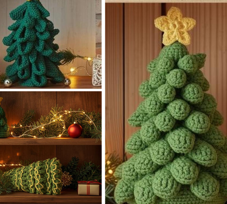 Vier unterschiedlich gehäkelte Weihnachtsbäume mit Sternen und Lichterketten stehen festlich dekoriert auf Holzregalen. | © Canva, ChatGPT [M]
