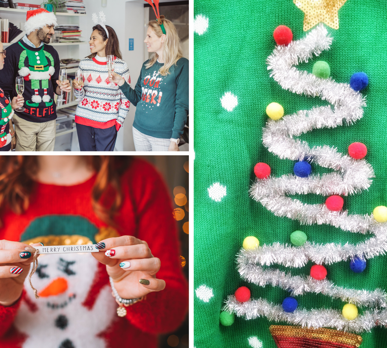 Vier Erwachsene in Weihnachtspullovern, ein Lametta-Tannenbaum auf Weihnachtspullover und Hände mit „Merry Christmas“-Schild vor rotem Schneemannpulli. | © Canva/Collage:bildderfrau.de