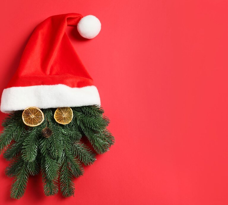Tannenzweige mit getrockneten Orangenscheiben und Zapfen als Gesicht unter roter Weihnachtsmütze auf rotem Hintergrund. | © Shutterstock/New Africa