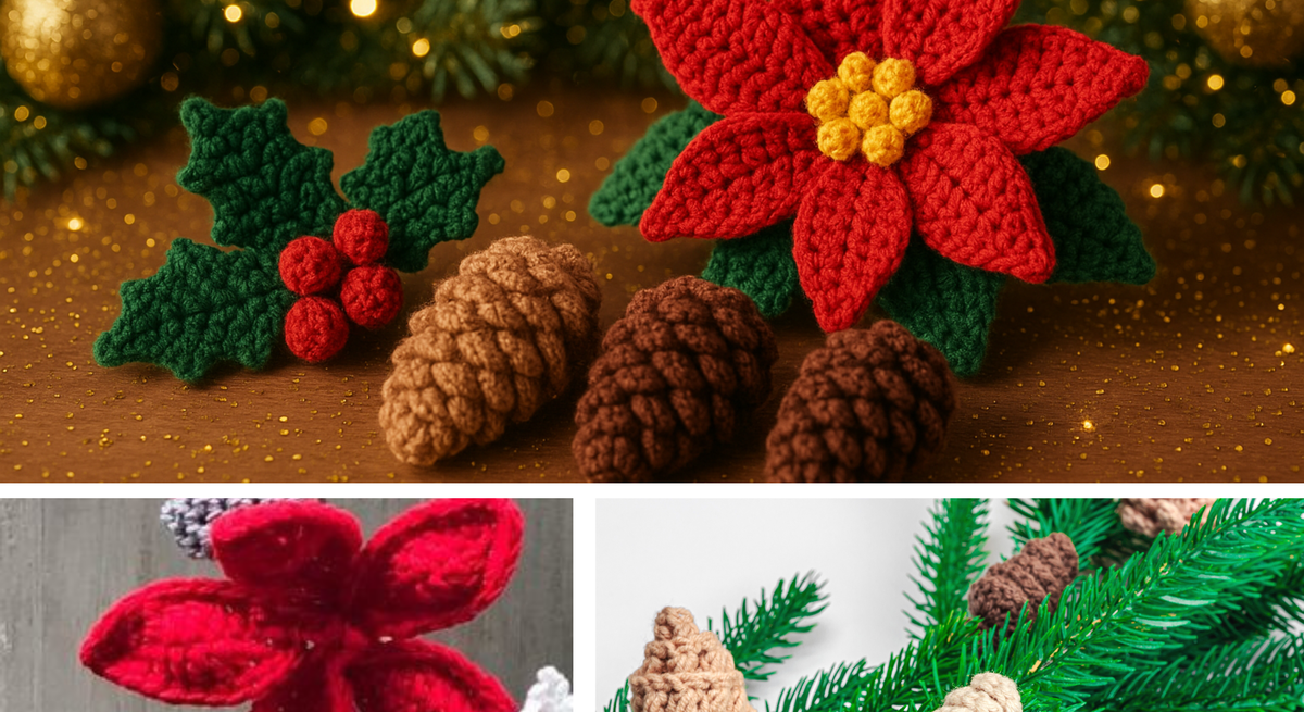 Collage mit gehäkeltem Weihnachtsstern, Stechpalmenzweig, Tannenzapfen und Zweigen vor festlicher und neutraler Kulisse.