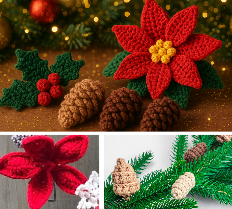 Collage mit gehäkeltem Weihnachtsstern, Stechpalmenzweig, Tannenzapfen und Zweigen vor festlicher und neutraler Kulisse. | © Canva / ChatGPT [M]
