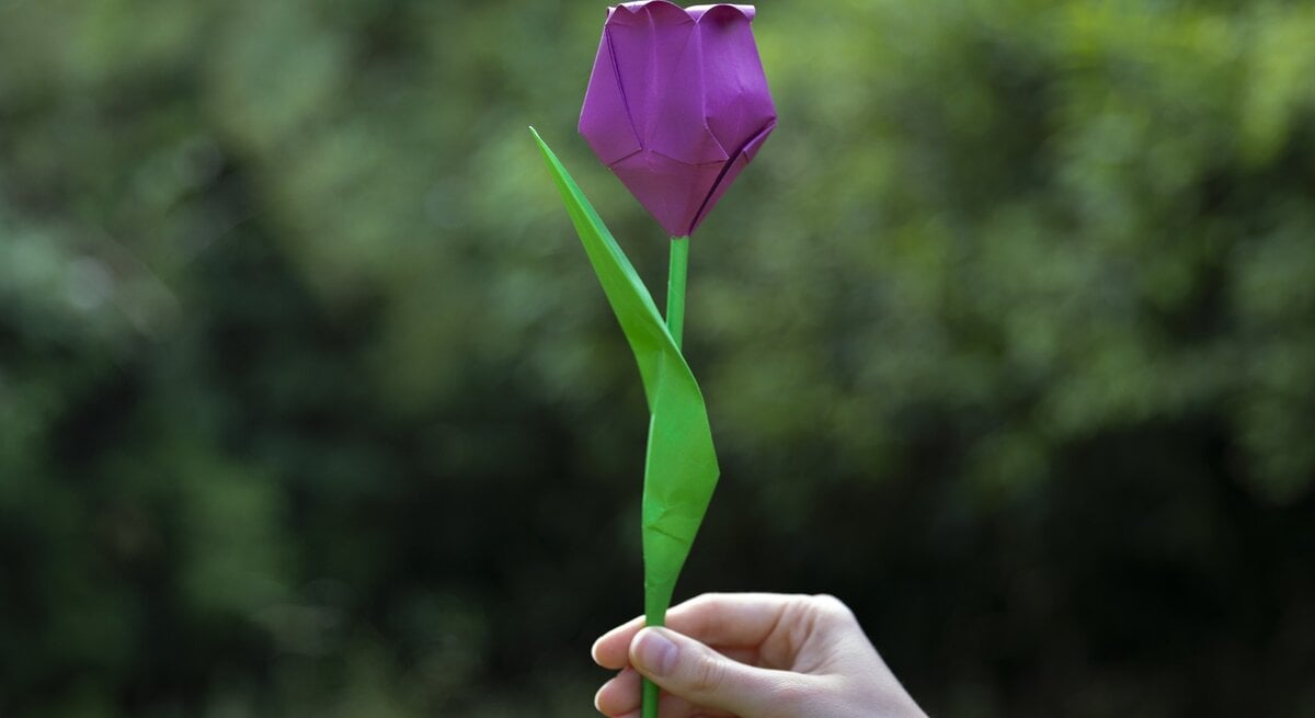 Zu sehen ist eine Hand, die eine lila Papiertulpe hält.