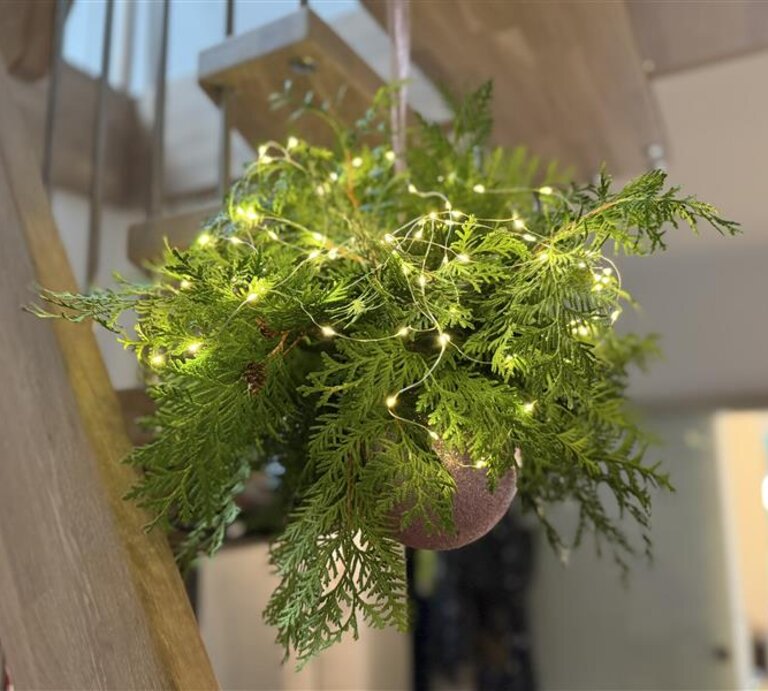 Frisches Tannengrün mit filigraner Lichterkette und rosafarbener Weihnachtskugel hängt festlich an einem Holzgeländer. | © Madeleine Liedke 