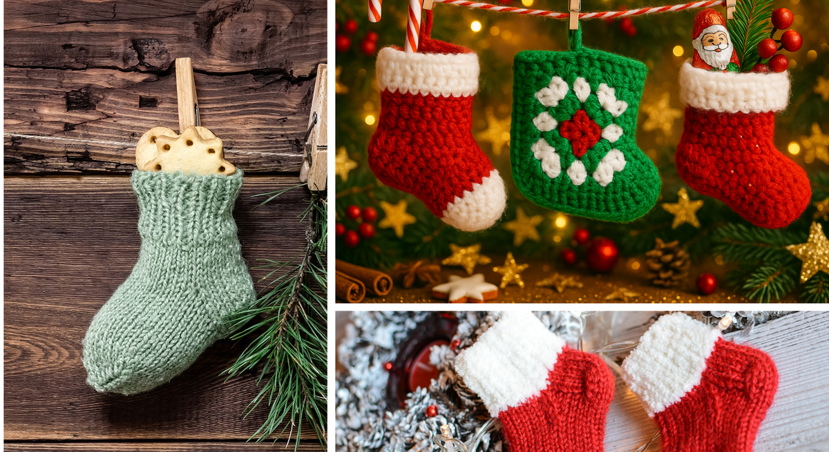 Vier gestrickte Weihnachtsstrümpfe hängen vor Lichterketten, einer gefüllt mit Zuckerstange, Tannenzweig und Nikolausfigur.