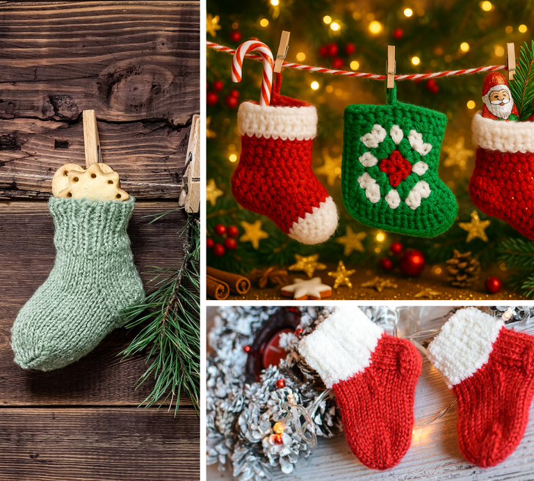 Vier gestrickte Weihnachtsstrümpfe hängen vor Lichterketten, einer gefüllt mit Zuckerstange, Tannenzweig und Nikolausfigur. | © Canva, ChatGPT [M]