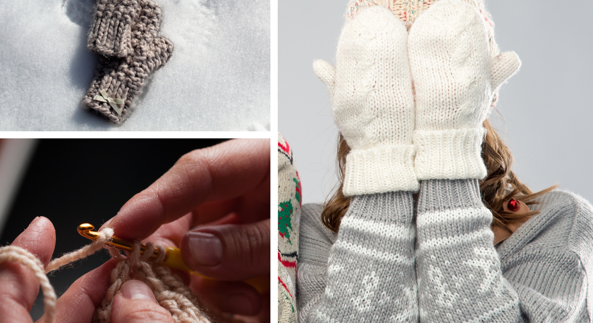 Zwei beige Häkel-Fäustlinge liegen im Schnee, daneben Hände beim Häkeln und eine Frau mit weißen Fäustlingen vorm Gesicht.