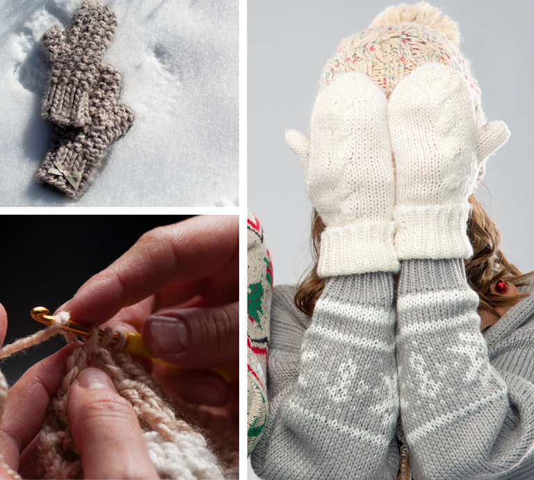 Zwei beige Häkel-Fäustlinge liegen im Schnee, daneben Hände beim Häkeln und eine Frau mit weißen Fäustlingen vorm Gesicht. | © Canva [M]
