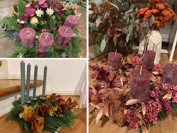 Drei festlich dekorierte Adventskränze mit Tannenzweigen, Beeren, Trockenblumen und roten bzw. grünen Kerzen in Innenräumen. | © Canva/bildderfrau.de