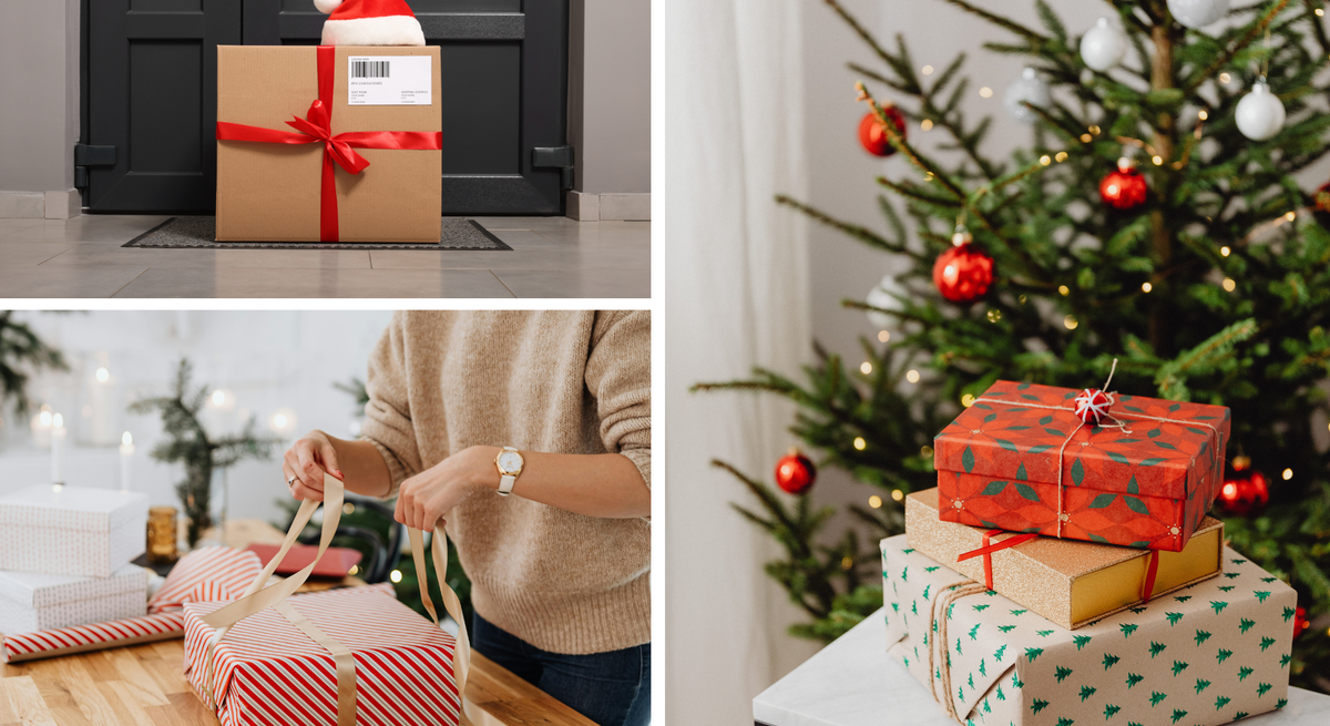 Geschenkverpackung auf Holztisch, bunte Päckchen unterm Baum und ein DHL-Paket mit roter Schleife und Nikolausmütze vor Haustür.