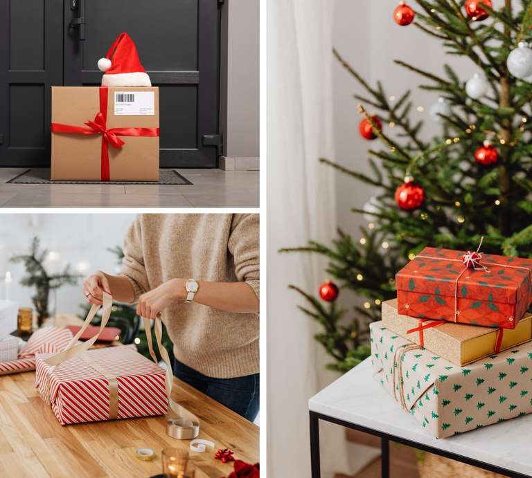 Geschenkverpackung auf Holztisch, bunte Päckchen unterm Baum und ein DHL-Paket mit roter Schleife und Nikolausmütze vor Haustür. | © Canva/Collage:bildderfrau.de