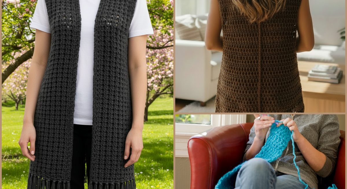 Collage mit grauer Strickweste vor blühenden Bäumen, brauner Weste von hinten in hellem Wohnzimmer und Person strickt blaues Garn auf rotem Sessel.