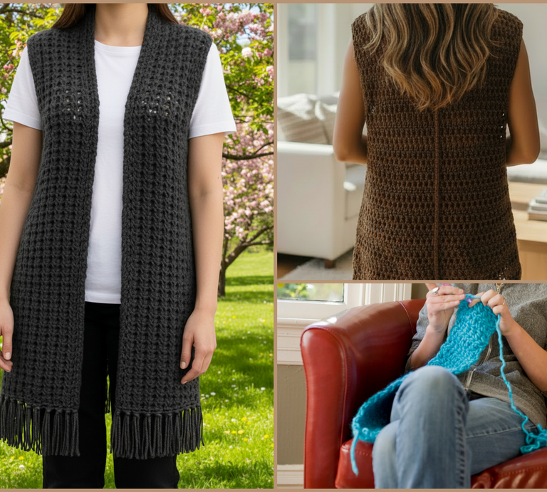 Collage mit grauer Strickweste vor blühenden Bäumen, brauner Weste von hinten in hellem Wohnzimmer und Person strickt blaues Garn auf rotem Sessel. | © Canva, ChatGPT [M]