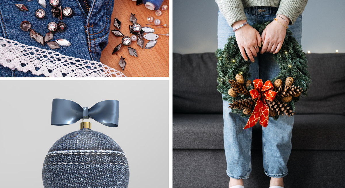 Collage mit Jeans-Weihnachtskugel, DIY-Deko auf Spitze und Jeans sowie junger Person in Pantoffeln, die festlichen Kranz vor Sofa hält.