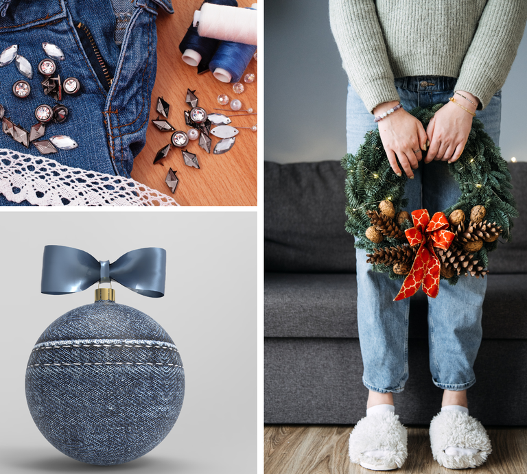 Collage mit Jeans-Weihnachtskugel, DIY-Deko auf Spitze und Jeans sowie junger Person in Pantoffeln, die festlichen Kranz vor Sofa hält. | © Canva/Collage:bildderfrau.de