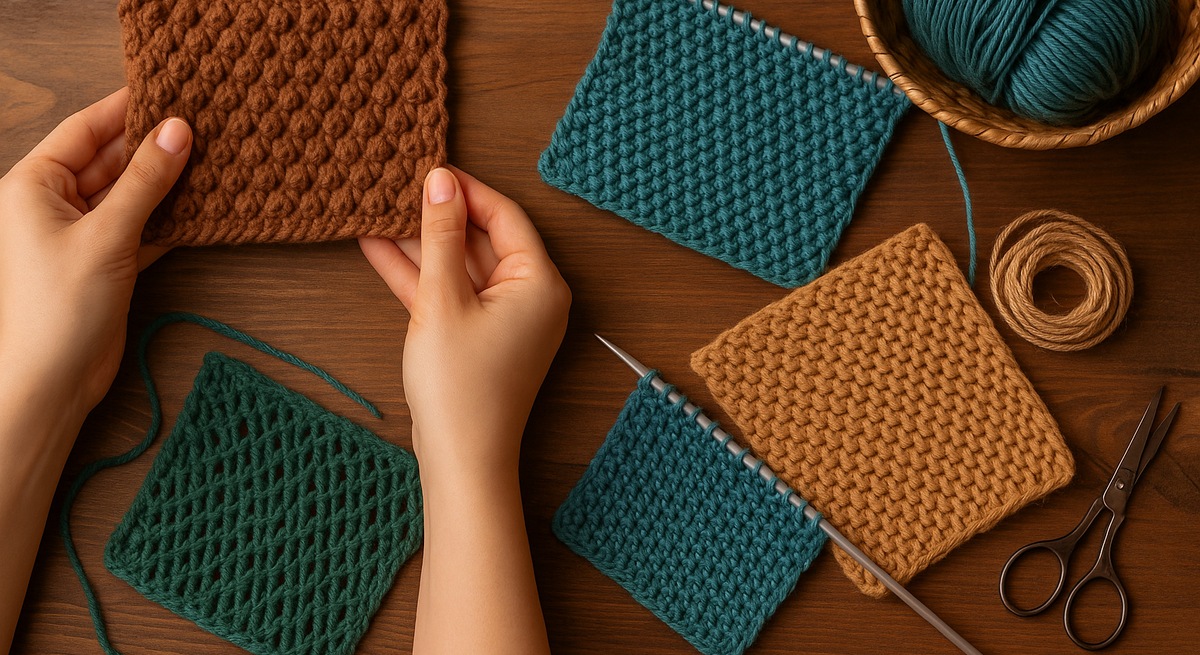 Zwei Hände halten ein gestricktes braunes Musterstück, umgeben von weiteren Wollproben, Nadeln und Schere auf Holzuntergrund.