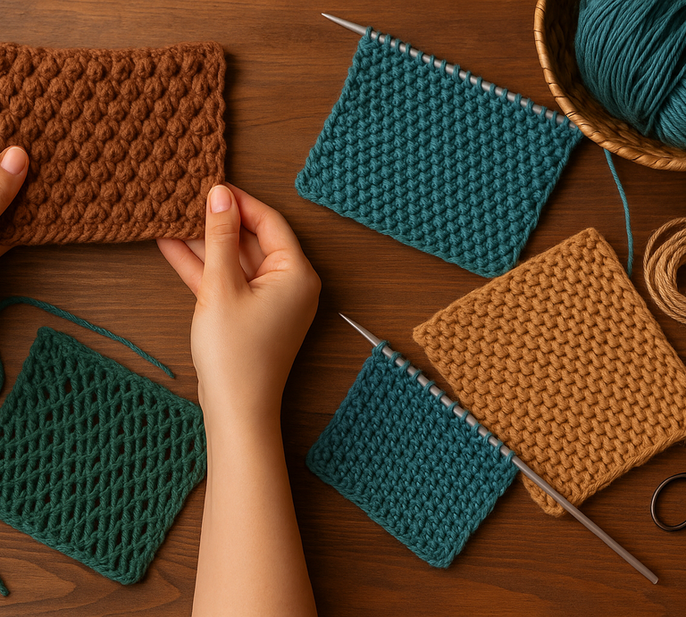 Zwei Hände halten ein gestricktes braunes Musterstück, umgeben von weiteren Wollproben, Nadeln und Schere auf Holzuntergrund. | © ChatGPT