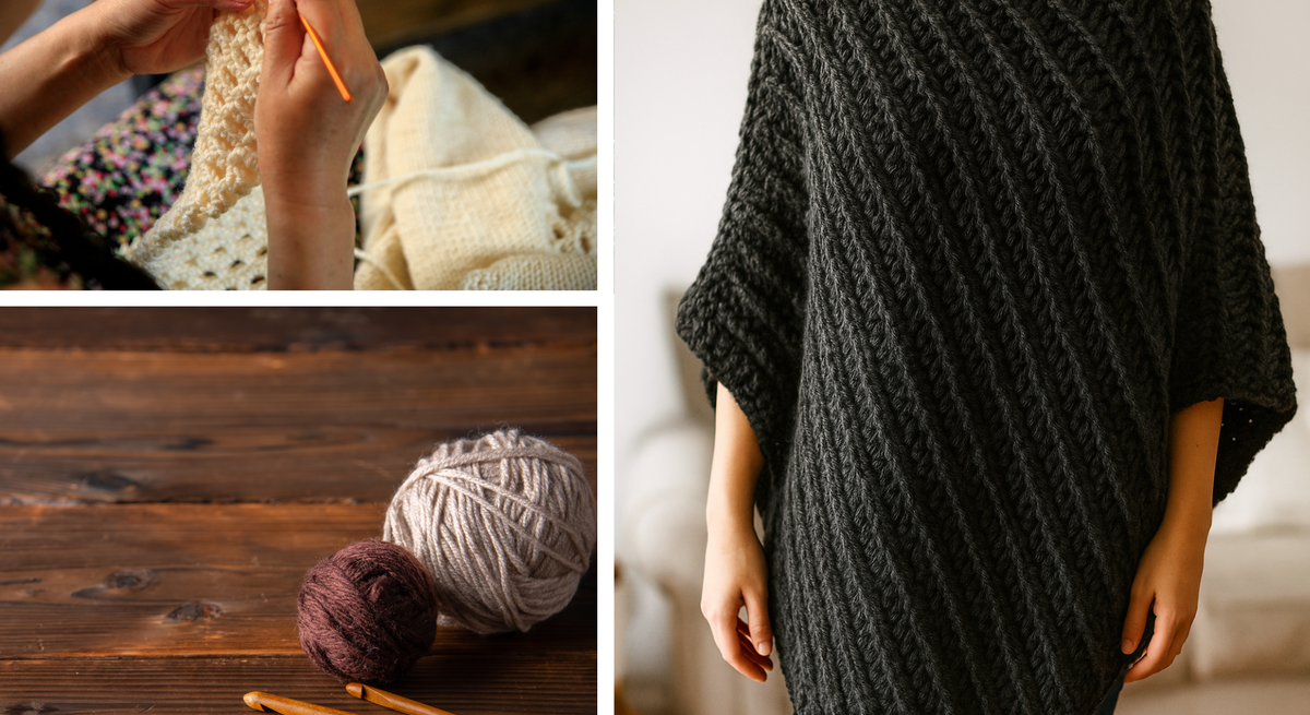 Eine Collage mit Frau beim Häkeln, Wollknäueln mit Häkelnadeln auf Holz und schwarzem Strickponcho an junger Frau.