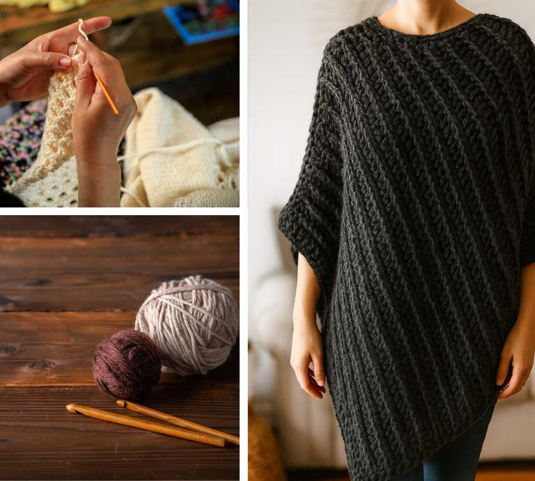 Eine Collage mit Frau beim Häkeln, Wollknäueln mit Häkelnadeln auf Holz und schwarzem Strickponcho an junger Frau. | © Canva / ChatGPT [M]