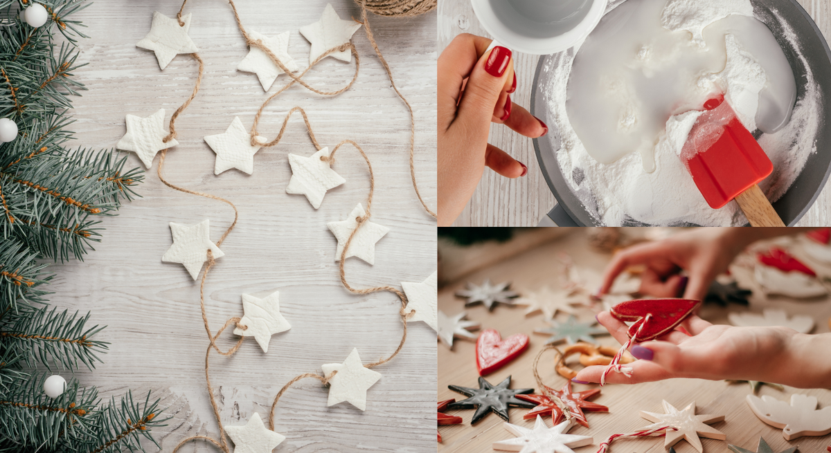 Basteln mit Kaltporzellan: Weihnachtliche Bastelszene mit selbstgemachten Sternanhängern, Zutatenmischung in Schüssel und Händen beim Dekorieren farbiger Anhänger.