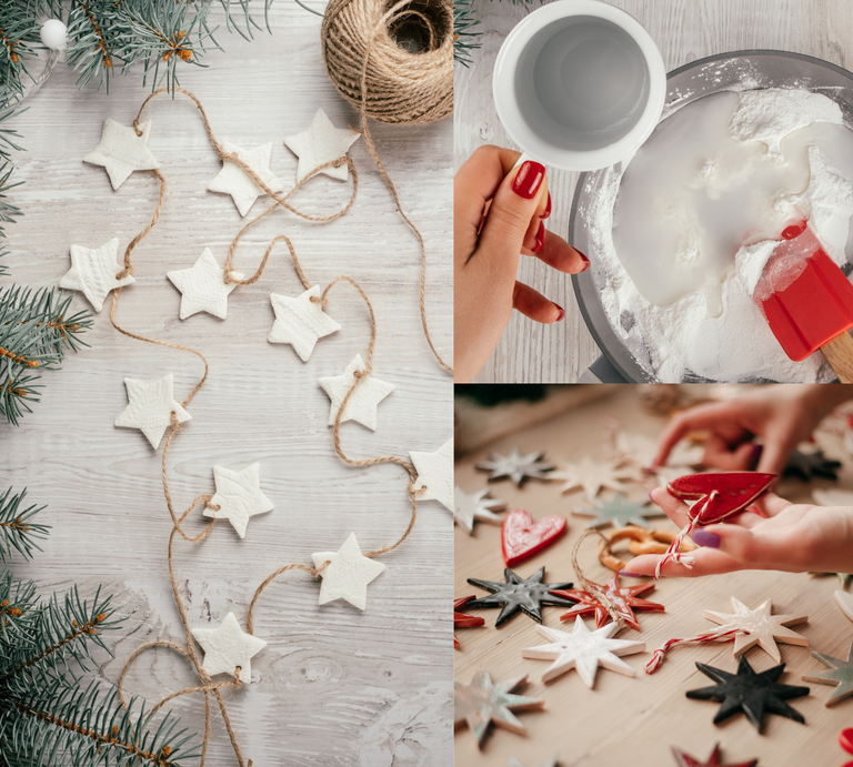 Basteln mit Kaltporzellan: Weihnachtliche Bastelszene mit selbstgemachten Sternanhängern, Zutatenmischung in Schüssel und Händen beim Dekorieren farbiger Anhänger. | © Shutterstock/Hanna Kipel/ JeannieR/Canva/Collage:bildderfrau.de