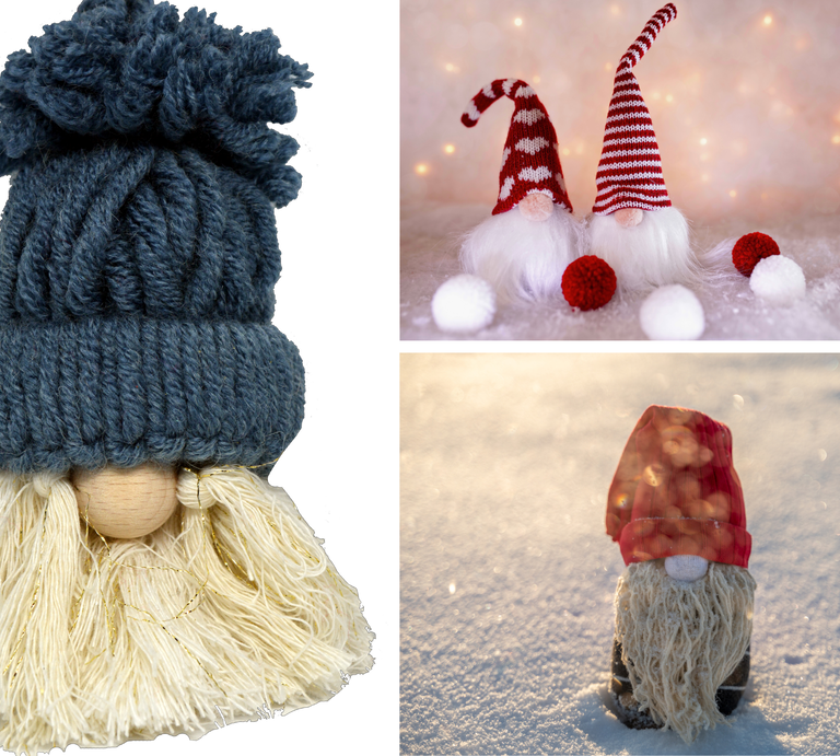 Drei verschiedene Weihnachtswichtel mit langen Zipfelmützen und zotteligen Bärten stehen auf Schnee und vor Lichterhintergrund. | © Canva [M]