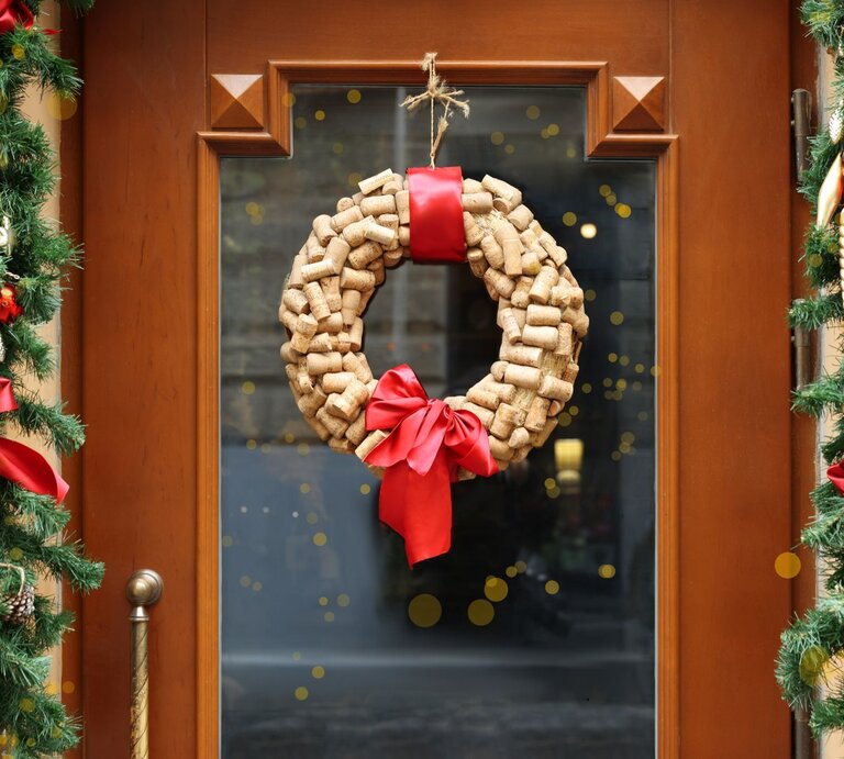 Weihnachtlich geschmückte Holztür mit Tannengirlanden und einem Kranz aus Korken, verziert mit roter Schleife. | © Shutterstock/New Africa